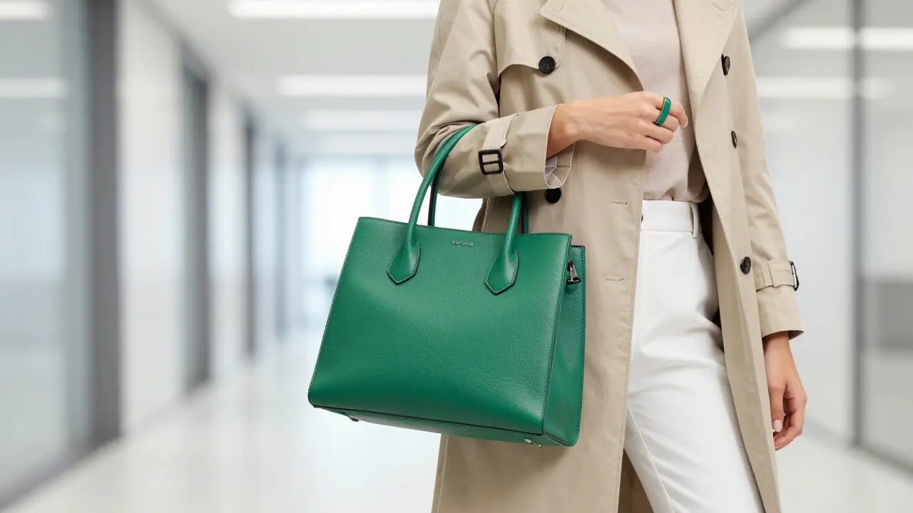 A person in a beige and white outfit with a bold emerald green handbag and ring.