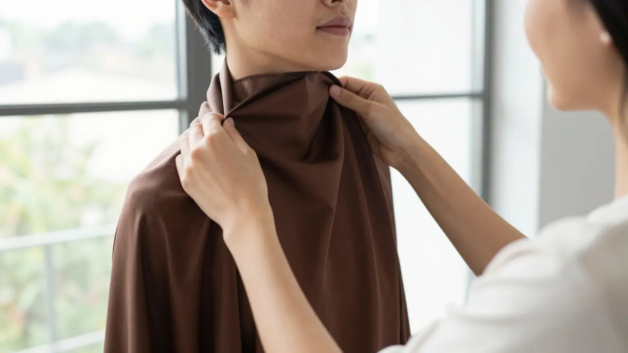 A person testing a dark brown fabric swatch against their skin in natural window light.