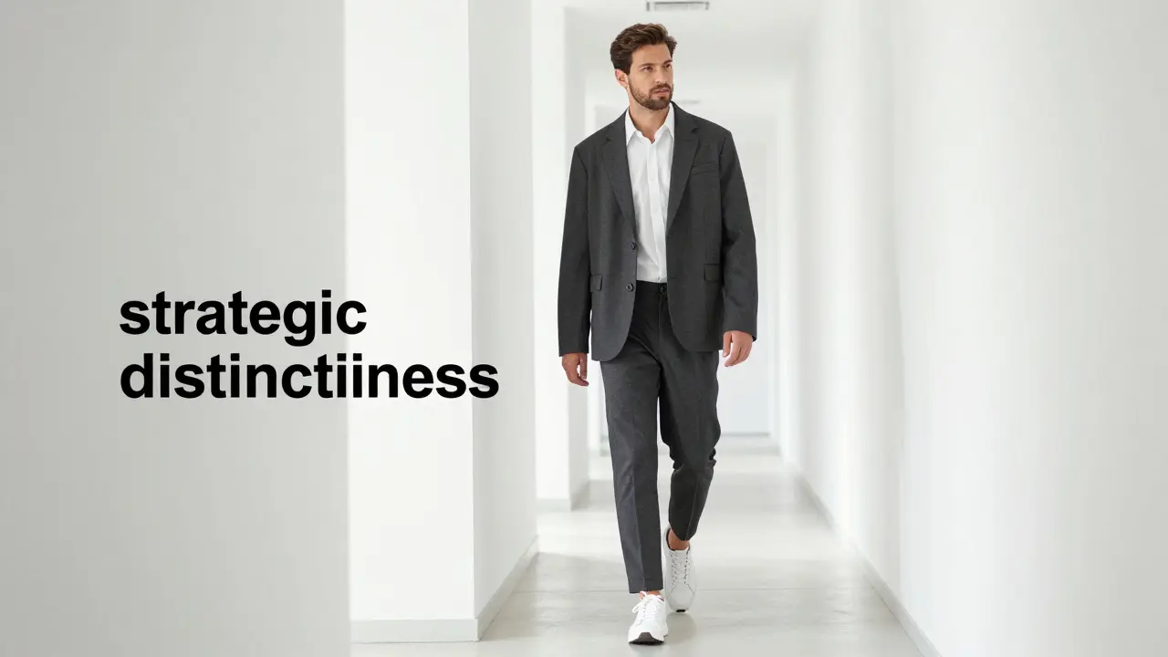 A professional man walking confidently in a modern office wearing a structured blazer and sneakers.