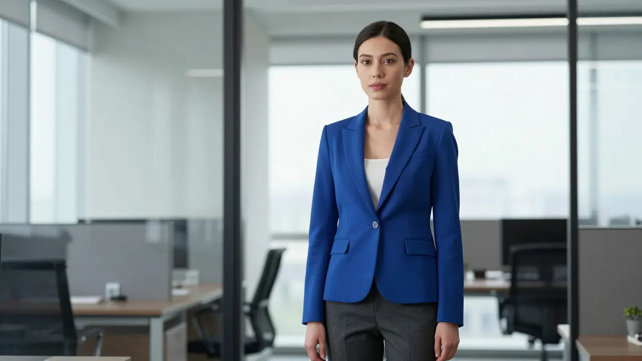 A professional woman in a royal blue blazer standing confidently in a modern office setting.