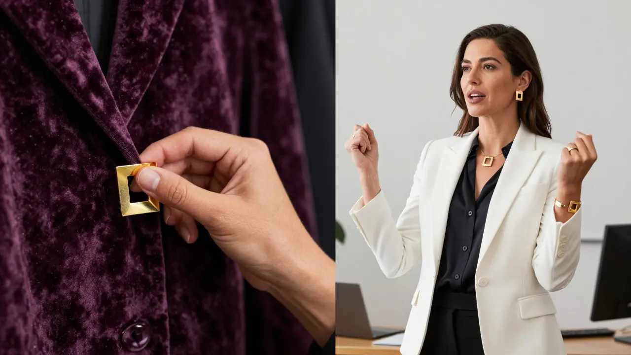 A split image showing the choice of bold jewelry and a confident professional leading a meeting.