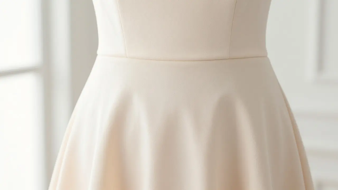 Close-up of a fit-and-flare dress showing the tailored princess seams and fabric drape.