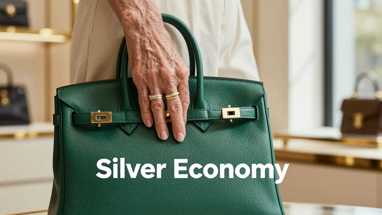 Close-up of a mature person's hand holding a luxury leather handbag in a boutique.