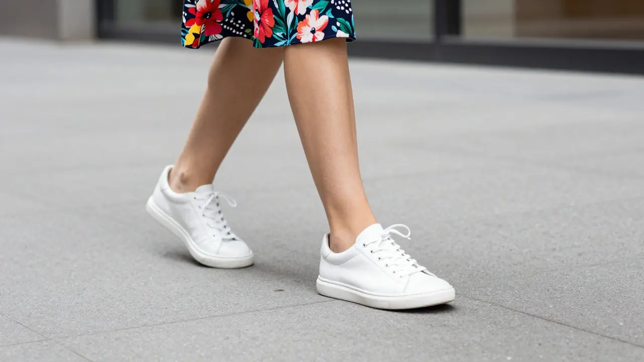 Close-up of a person wearing clean white leather sneakers with a floral midi dress on a city street.