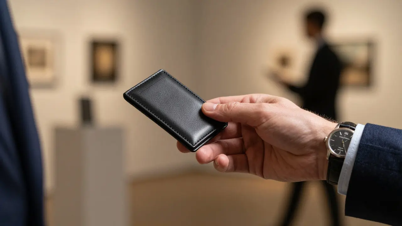 Close-up of a professional using a leather business card holder at a networking event.