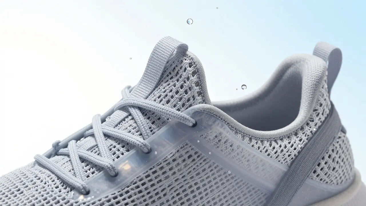 Close-up of a sneaker showing the waterproof membrane layer and water droplets bouncing off the mesh
