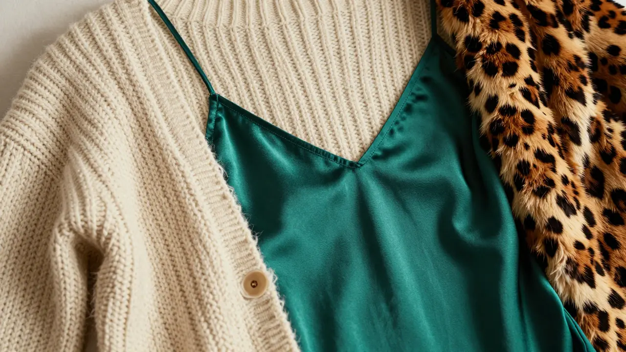 Close-up of mixed textures featuring chunky wool, silk, and leopard print faux-fur