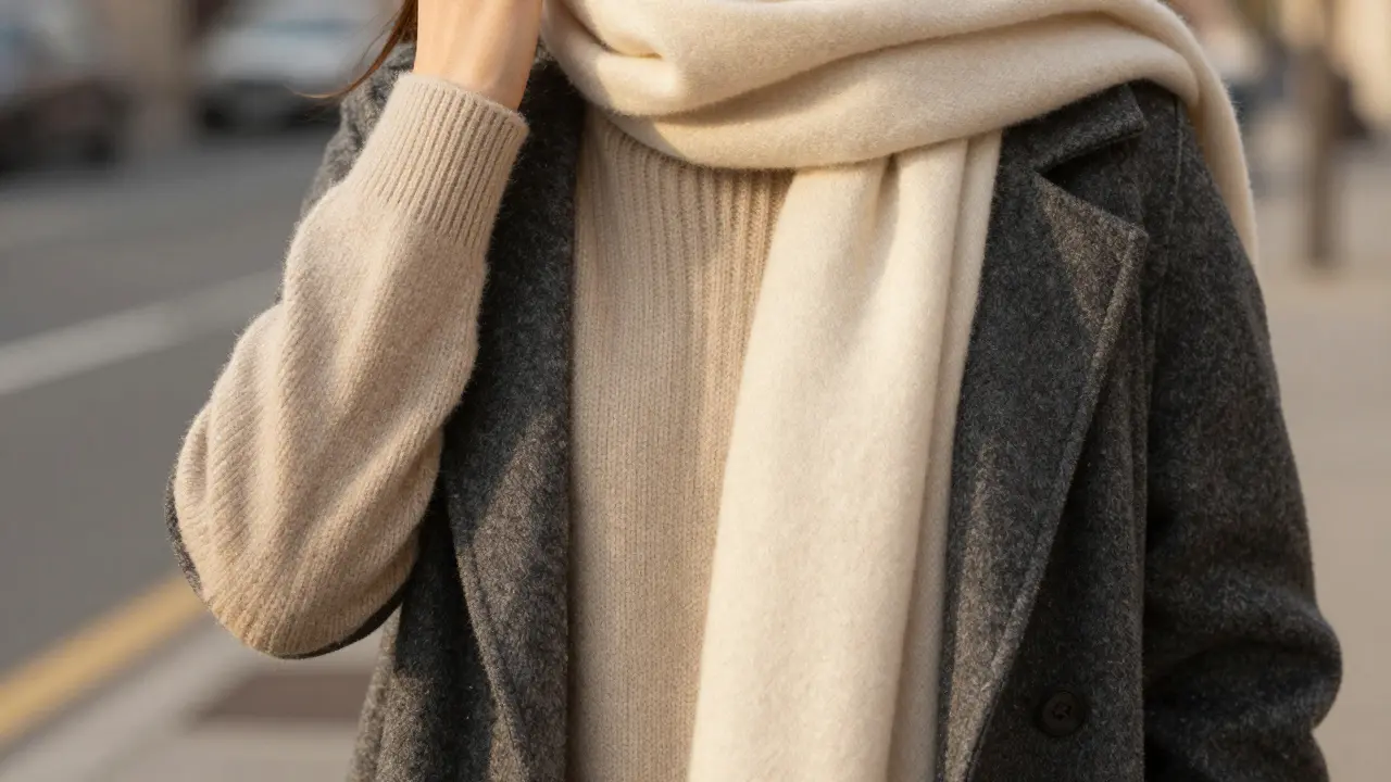 Close-up of tonal layering with an oatmeal wool sweater and charcoal grey overcoat.