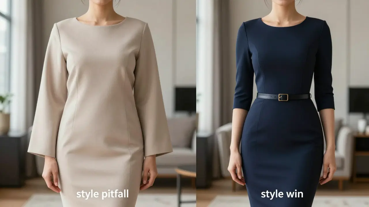 Comparison of a boxy shift dress versus a tailored sheath dress with a waist belt.