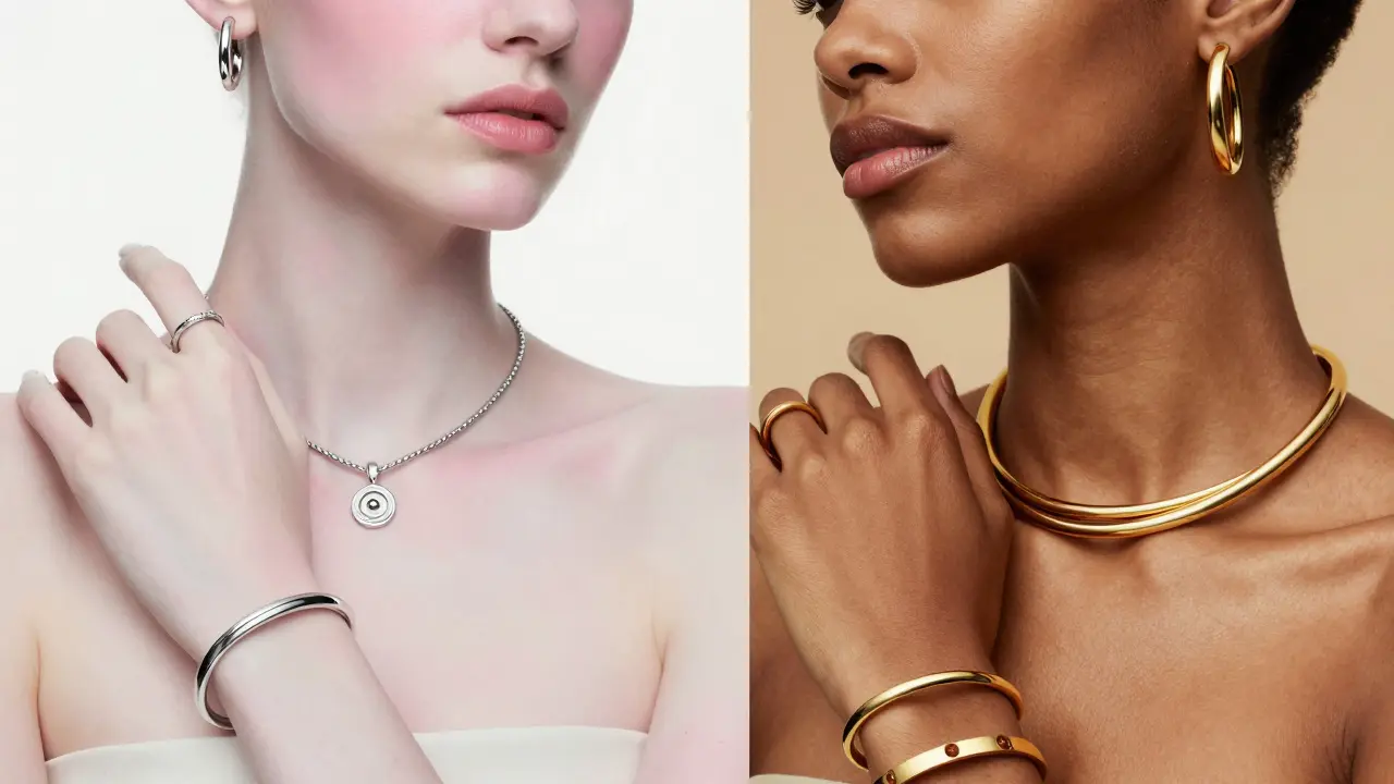 Comparison of silver jewelry on cool skin and yellow gold jewelry on warm, golden skin.