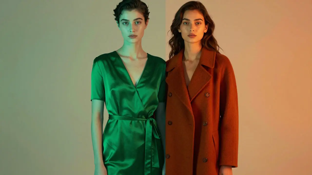 Comparison of two people wearing colors that match their skin undertones, emerald green and terracotta.