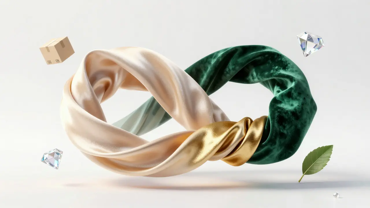 Conceptual 3D infinity loop made of luxury fabrics symbolizing circular fashion.