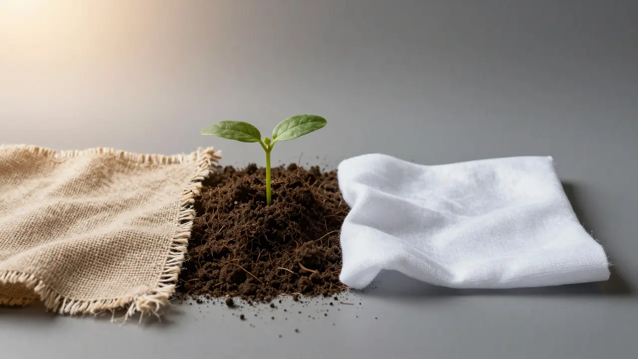 Conceptual image showing natural fabric biodegrading into soil versus synthetic fabric.