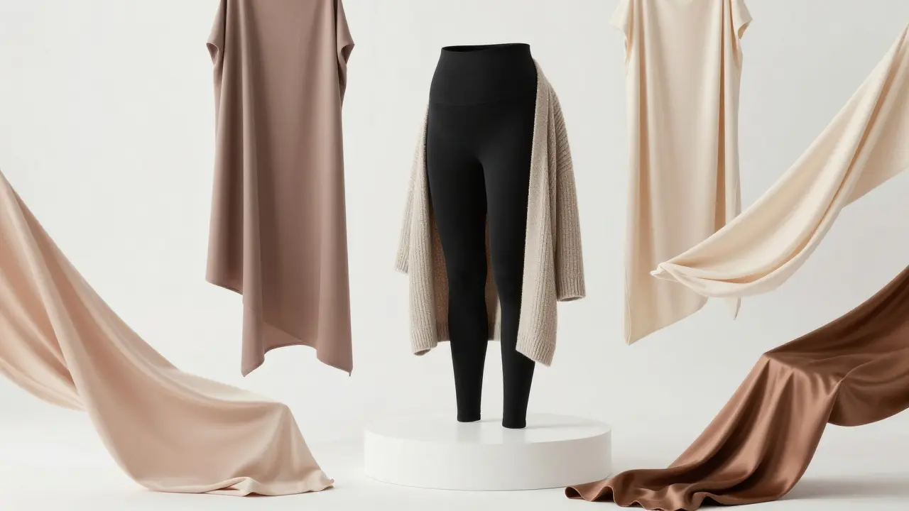 Display of inclusive maternity wear including black leggings and a knit cardigan with fabric swatches.