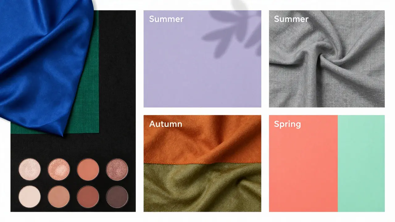 Four seasonal color palettes featuring fabrics and makeup in Winter, Summer, Autumn, and Spring tones.