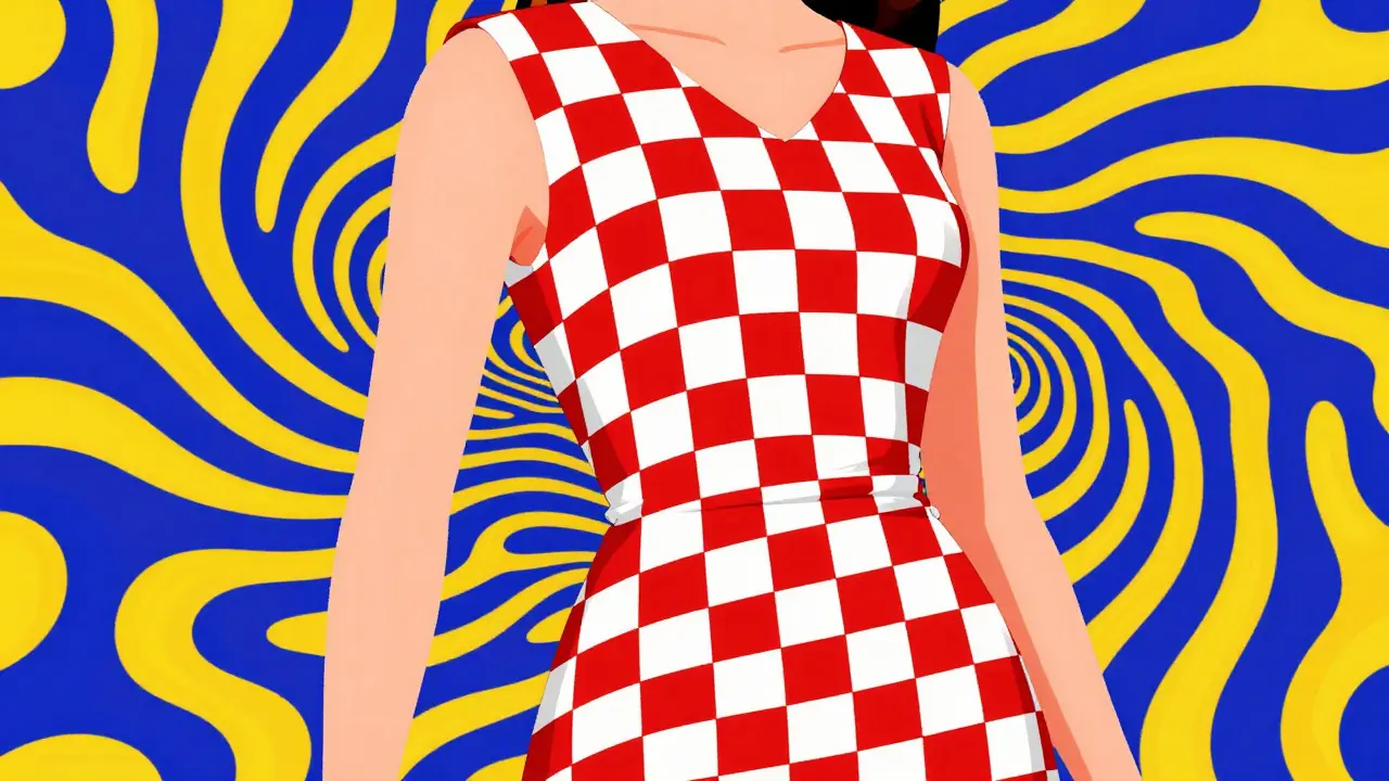 Graphic Op Art illustration of a red and white checkerboard dress with psychedelic patterns