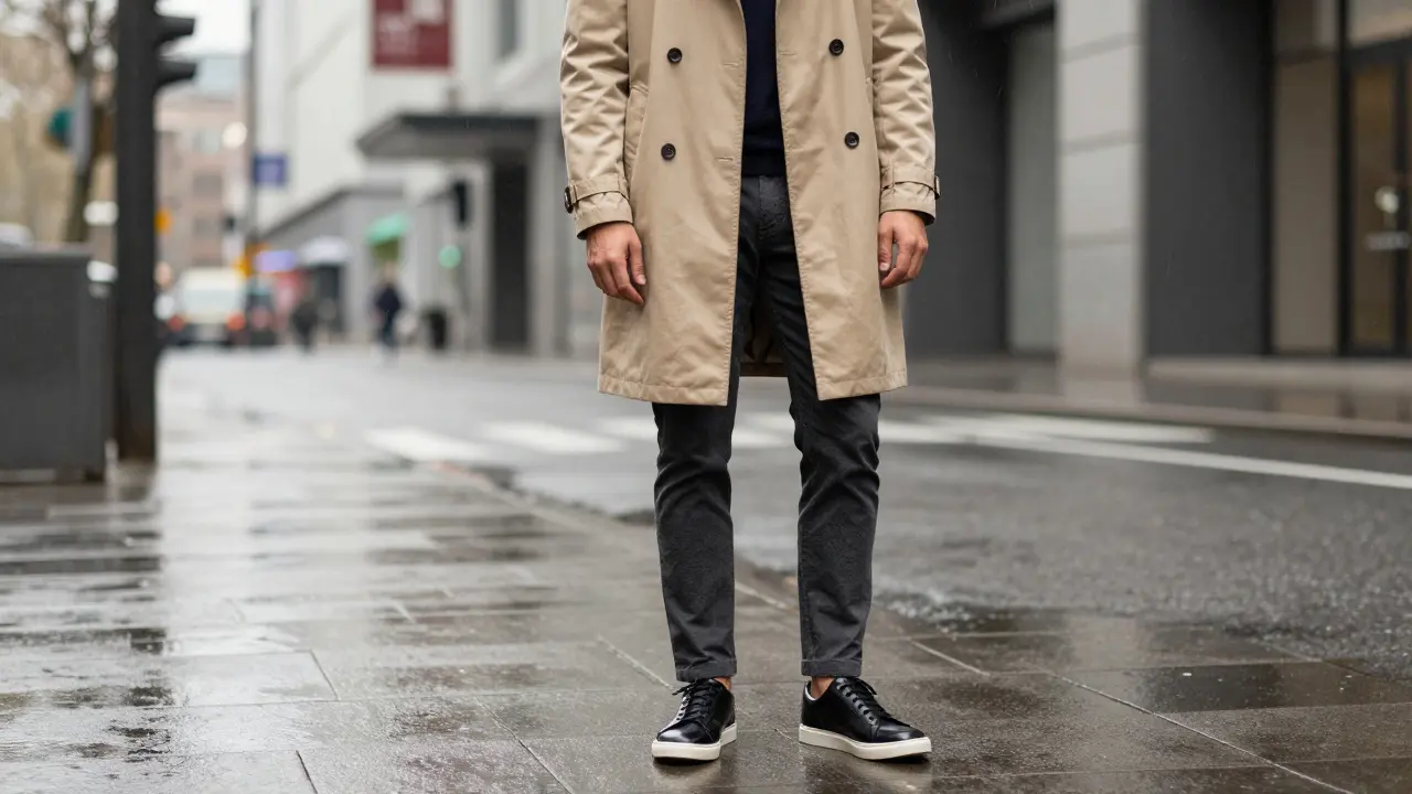 Man in a beige trench coat and charcoal trousers wearing stylish black waterproof leather sneakers