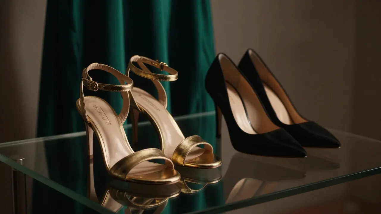 Metallic gold strappy sandals and black pointed pumps on a reflective dark surface.