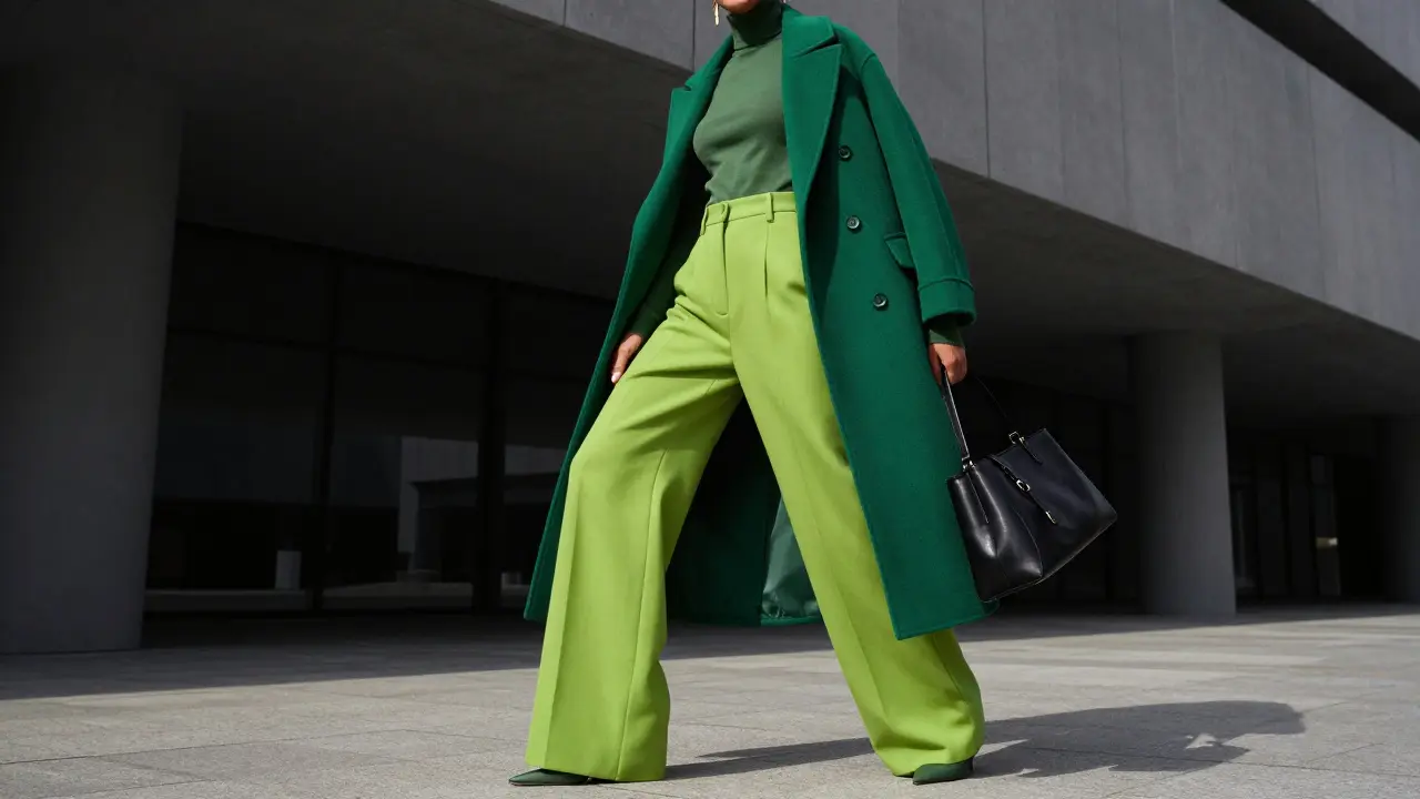 Model in various shades of green clothing with a black handbag in a modern setting