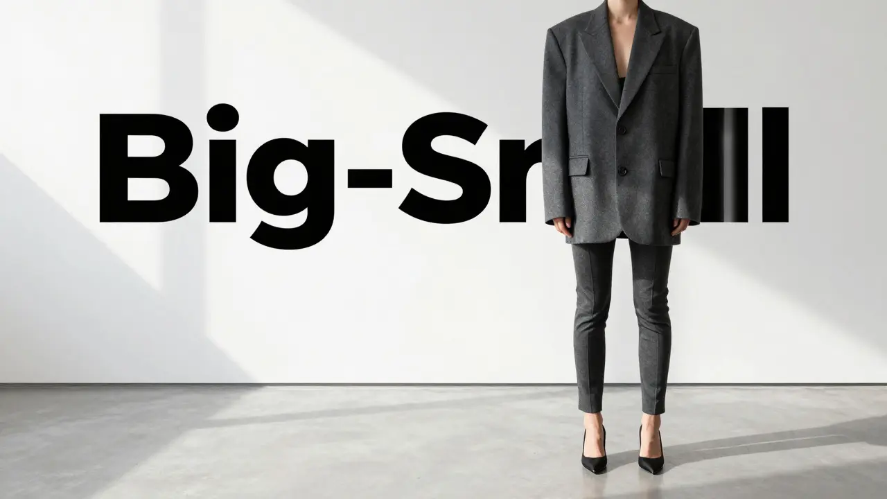 Model wearing an oversized blazer and slim trousers in a minimalist gallery