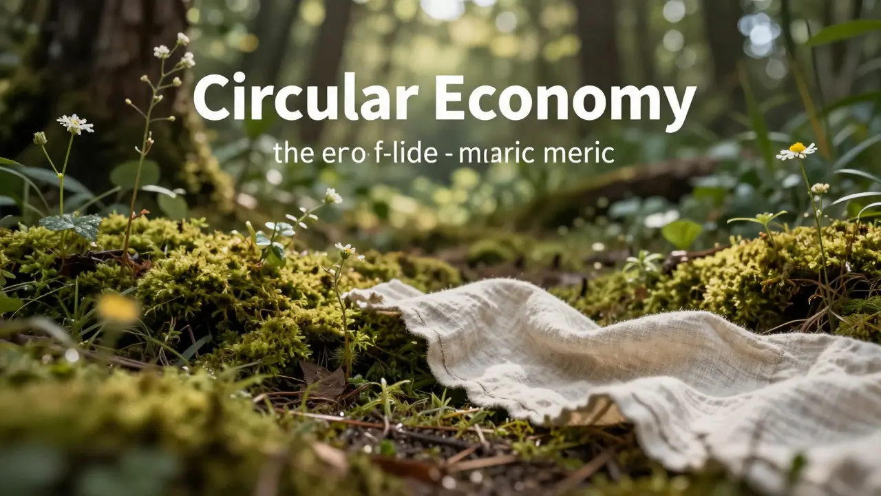 Natural linen fabric blending into a green forest floor, symbolizing biodegradable clothing.