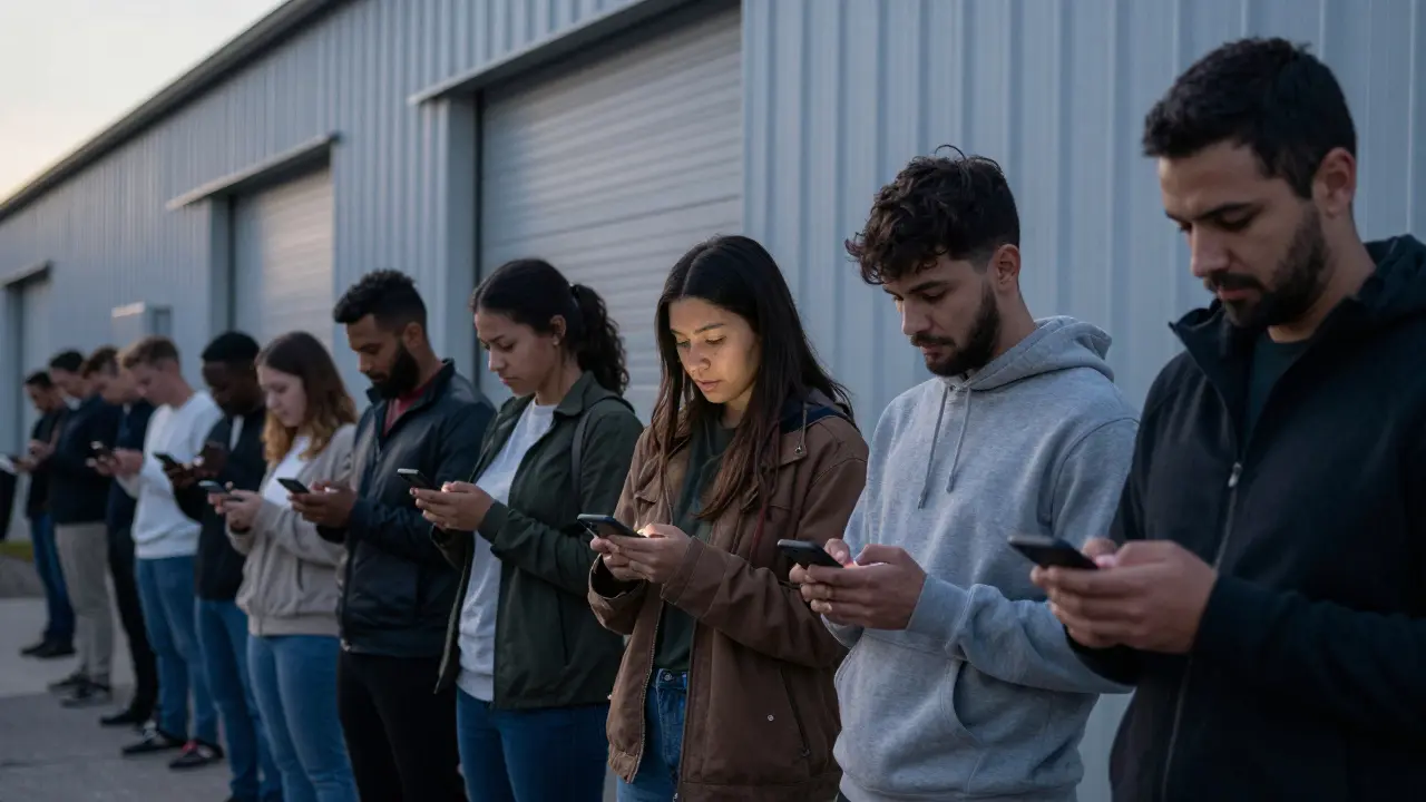 People waiting in line outside a warehouse at dawn for a sample sale