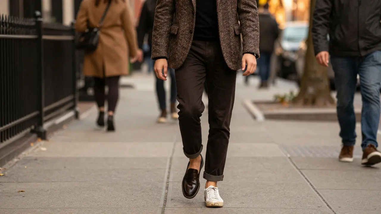 Person walking in a city wearing a Dark Academia style outfit with white sneakers