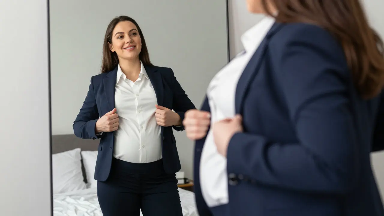 Professional plus-size pregnant woman wearing a tailored navy maternity blazer and white shirt.