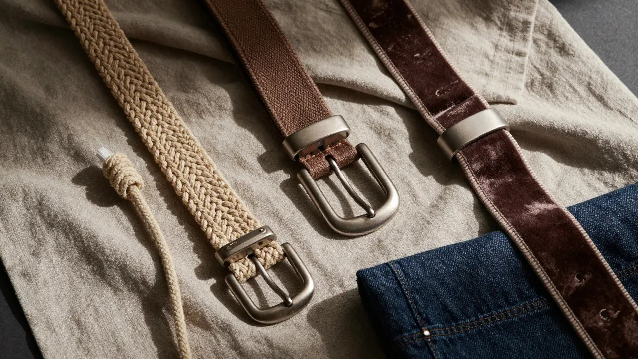 Various textured belts arranged on fabric surfaces