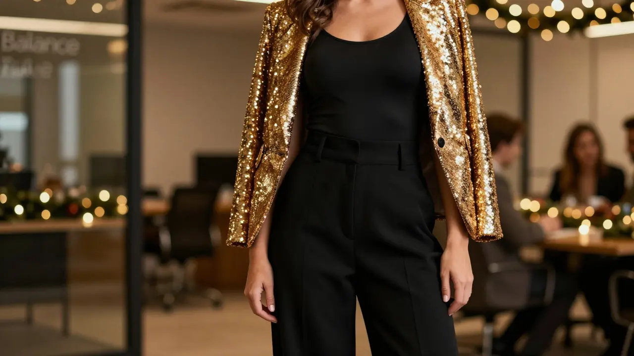 Woman at a party wearing wide-leg trousers and a gold sequin blazer draped over her shoulders.