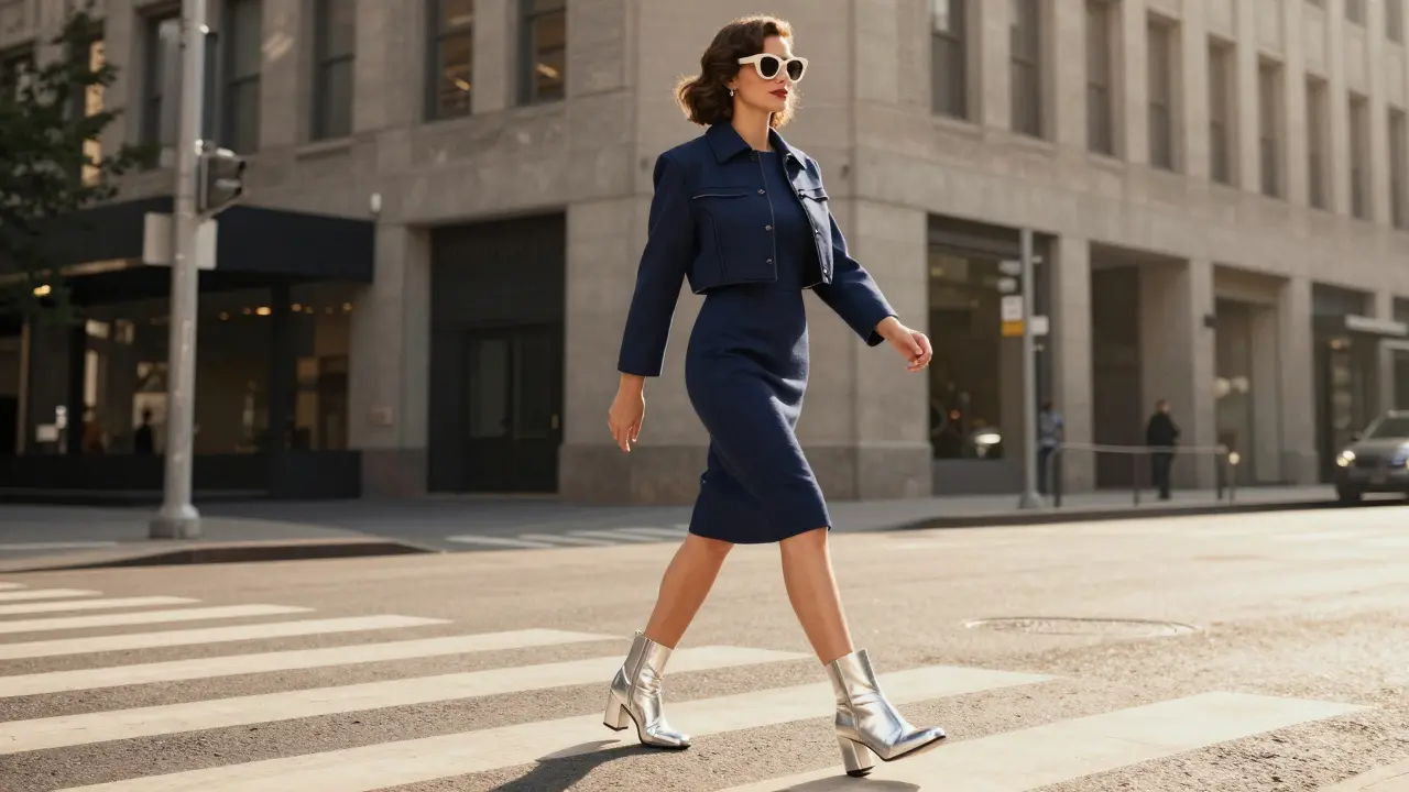 Woman wearing a navy shift dress and metallic silver go-go boots walking in a city
