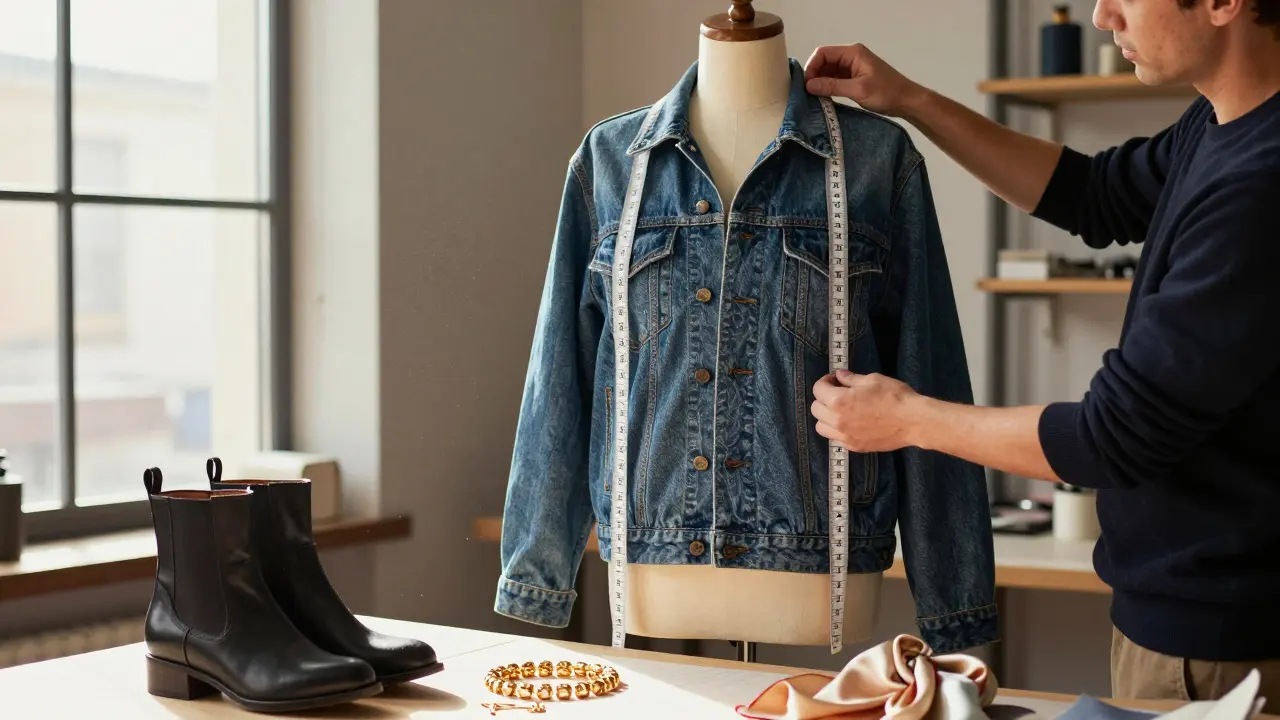 A tailor's workshop with a denim jacket on a mannequin and accessories nearby