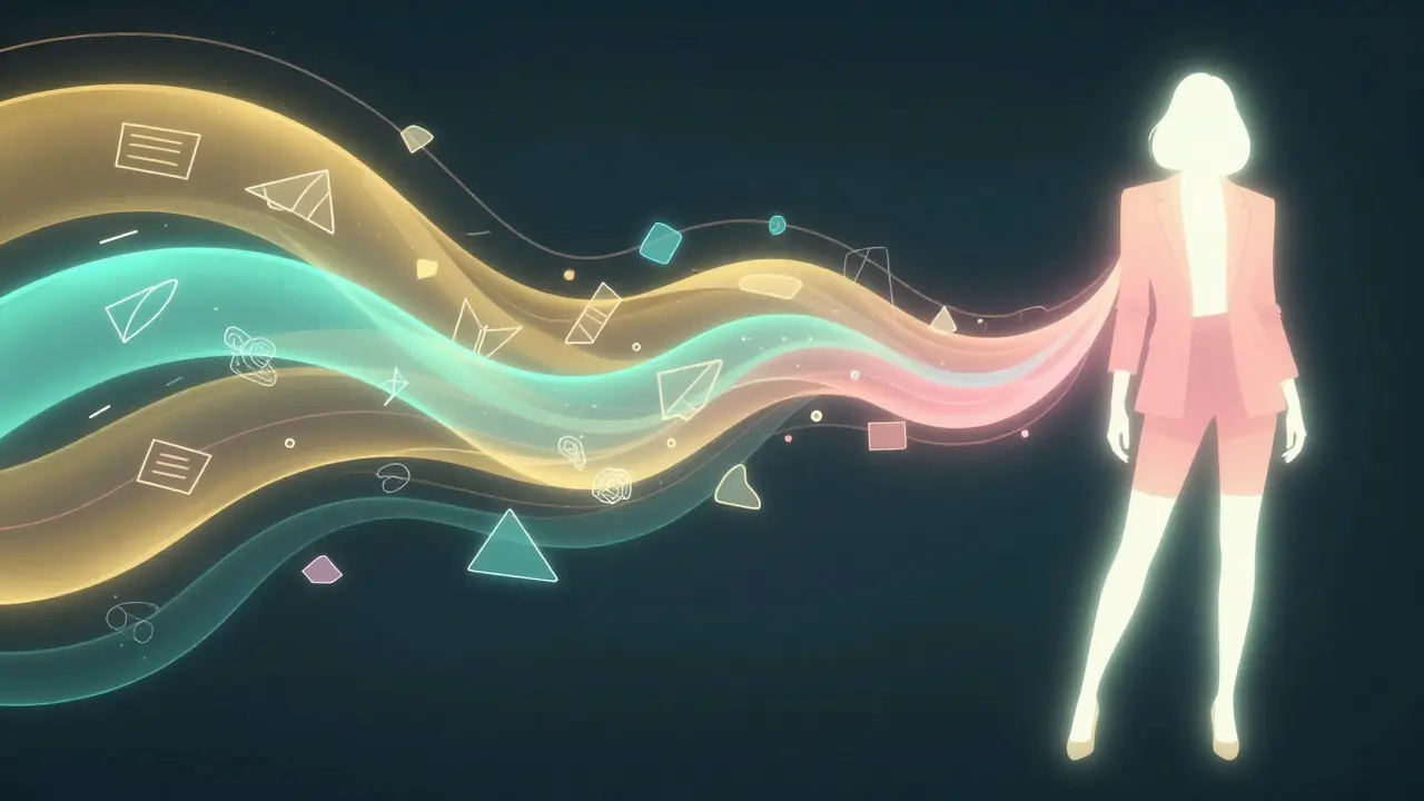 Abstract art showing style data merging into a glowing fashion silhouette