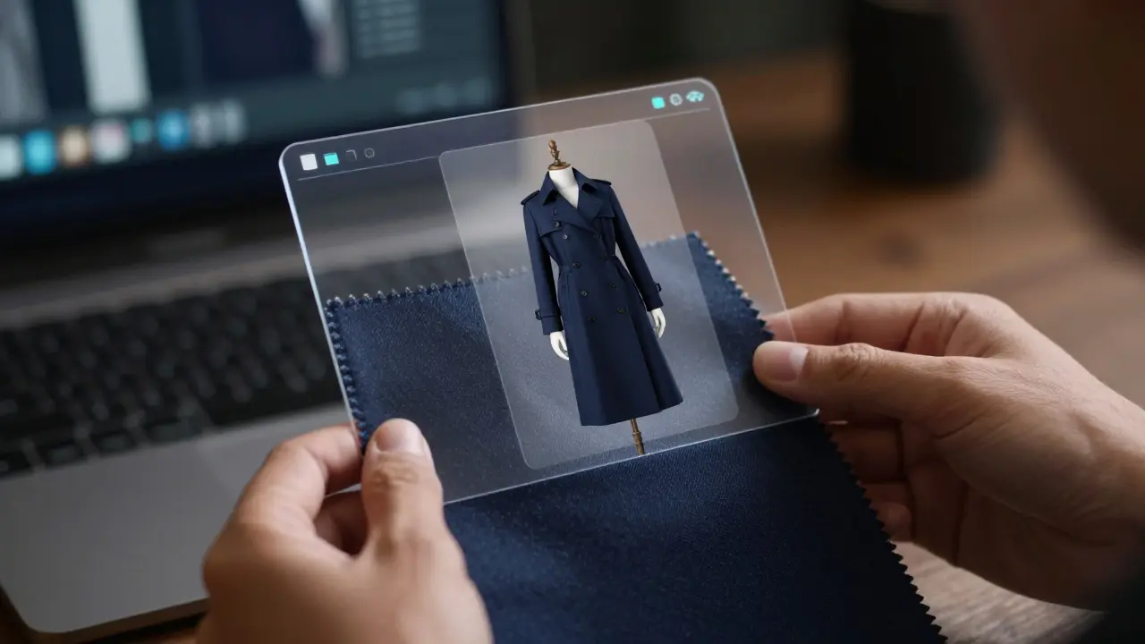 AR overlay showing virtual clothing fit on a fabric swatch