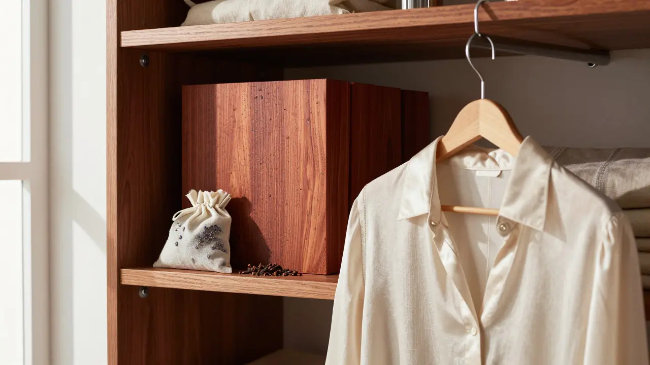 Cedar blocks and lavender sachets protecting clothes in closet
