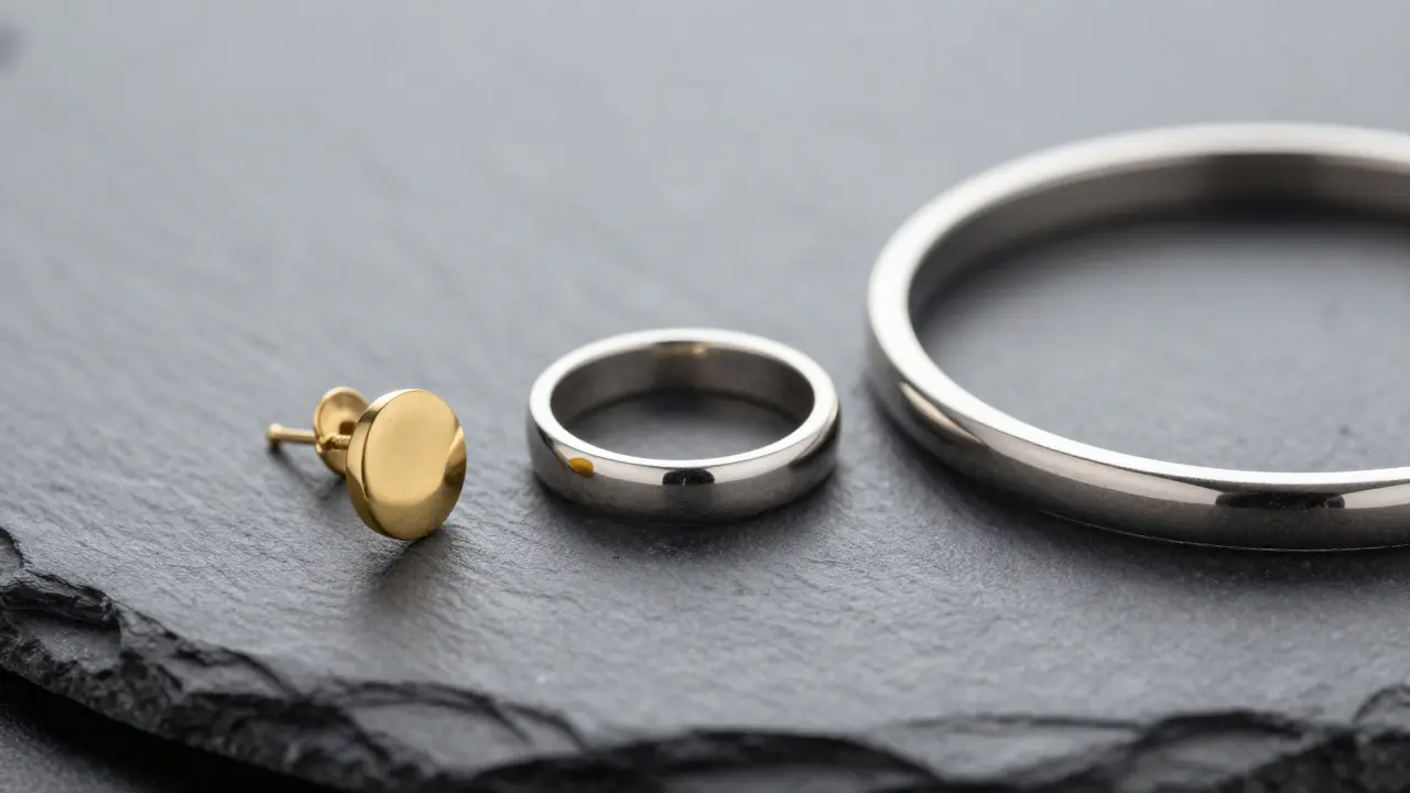 Close-up of gold, silver, and steel jewelry on stone