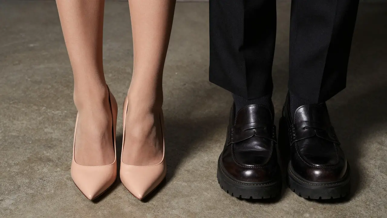 Close up of nude pointed pumps vs chunky loafers contrasting visual weight