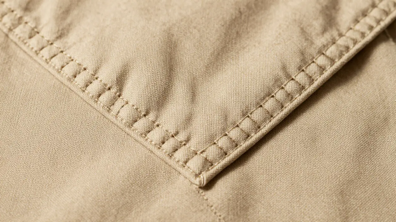 Close-up of reinforced bar tack stitching on a pocket