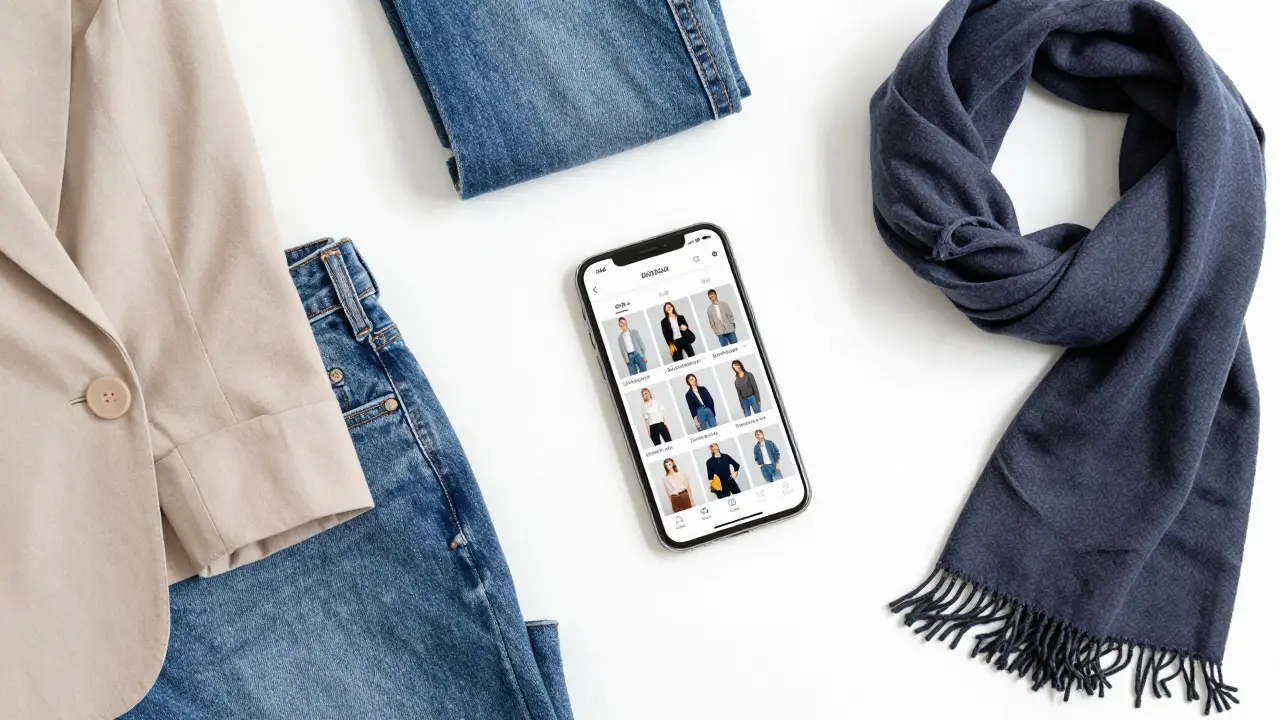 Clothes laid out next to phone showing digital closet app