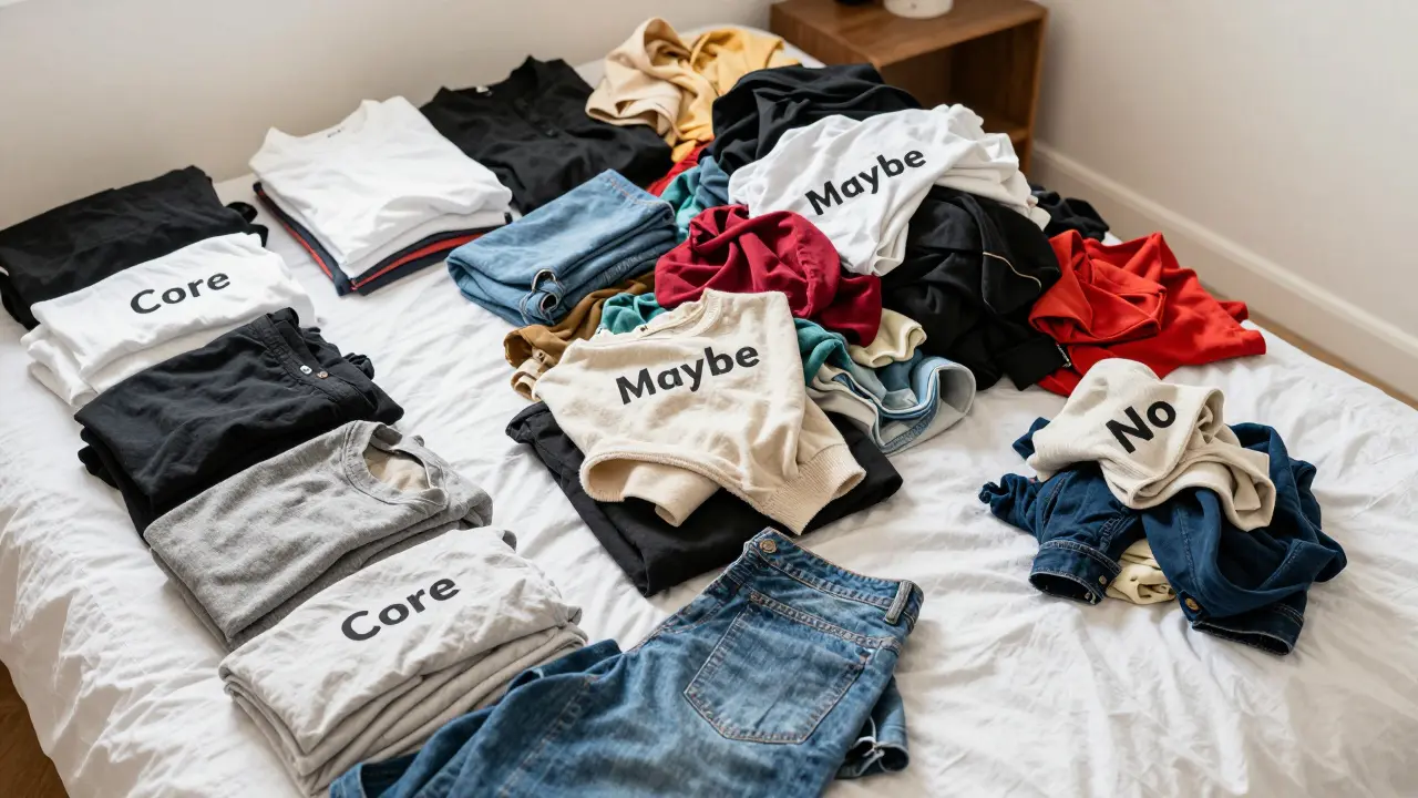 Clothes sorted into three piles on a bed for a closet audit