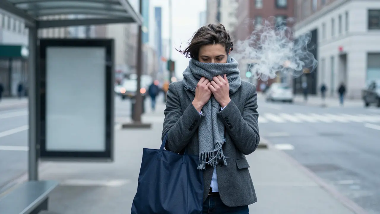 Commuter wrapping scarf and jacket against city wind