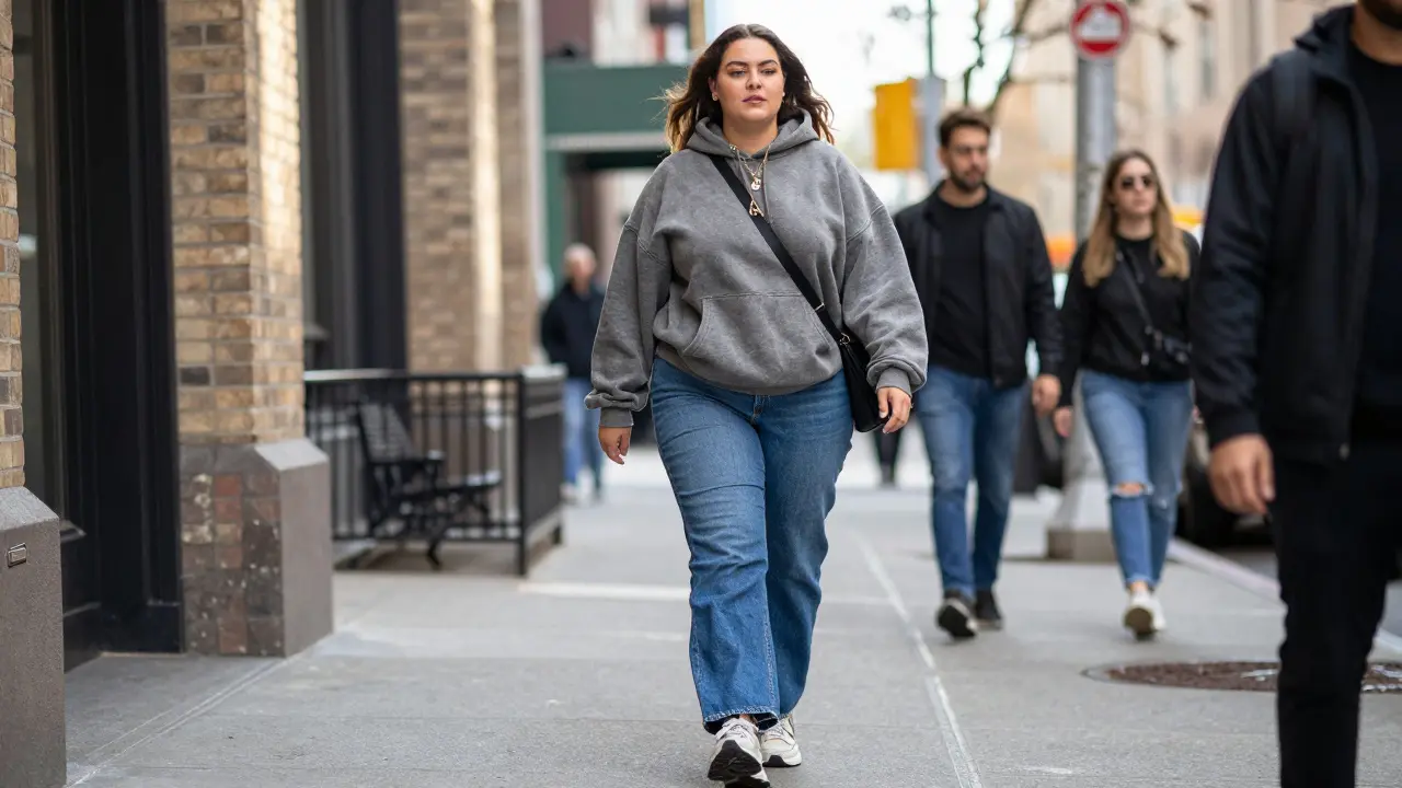 Confident plus-size woman wearing trendy streetwear on a city sidewalk.