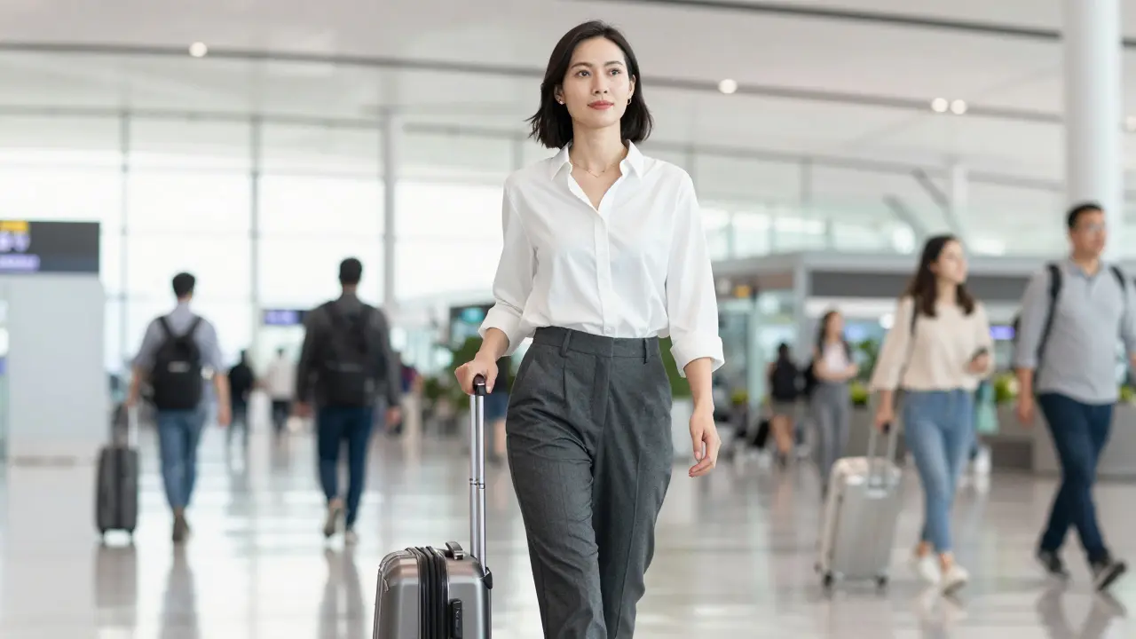 Confident woman in monochromatic travel outfit walking through airport terminal
