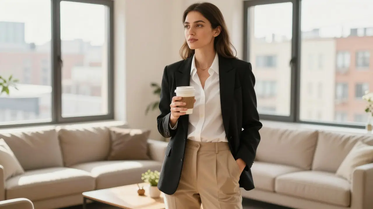 Confident woman in versatile capsule wardrobe outfit standing in sunlit apartment.