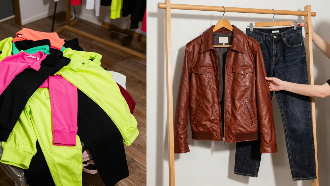 Contrast between discarded fast fashion and selected quality vintage leather jacket.