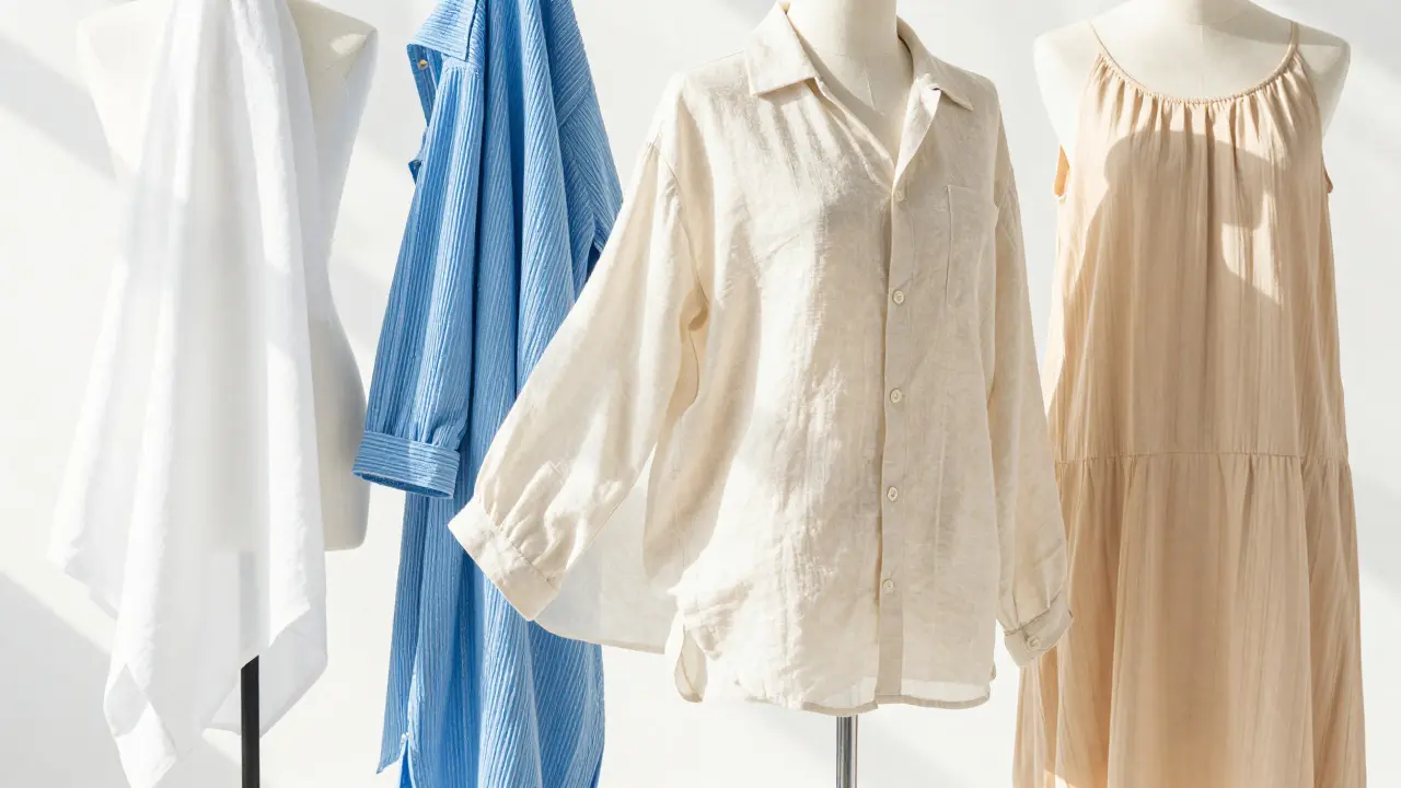 Cool summer fabrics like linen and seersucker draped for airflow