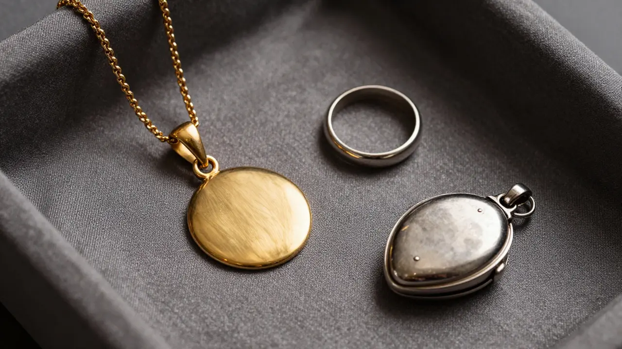 Curated fine jewelry including gold pendant and platinum ring on silk fabric.