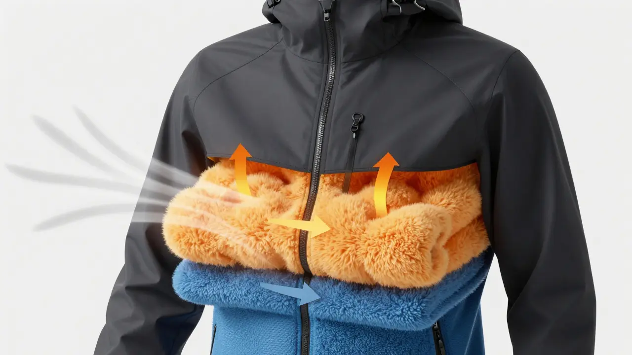 Diagram of three-layer clothing system for warmth
