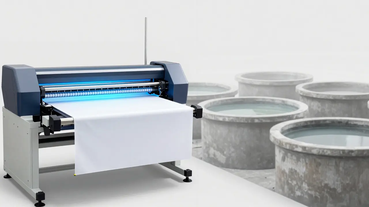 Digital printing machine applying ink to fabric, contrasting with faded traditional dye vats.