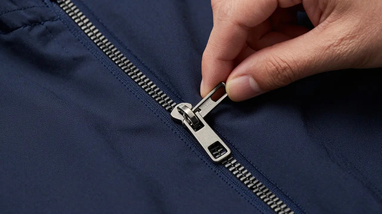 Finger testing the smooth glide of a metal zipper